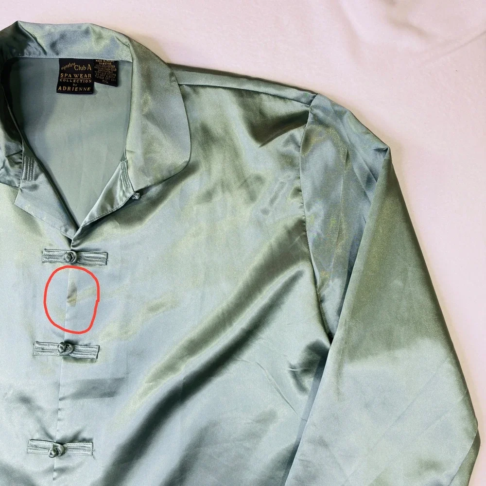 Signature Club A Adrienne Satin Pajama Top Sage Green Frog Button M/L Loungewear